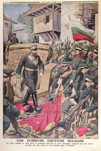 保加利亚的沙皇费迪南德一世（1861-1948）在1912年11月的巴尔干战争期间走过被俘的旗帜 作者 法语学校