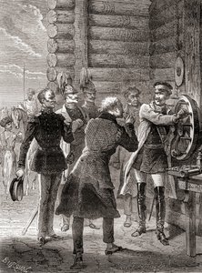 沙皇尼古拉一世于1833年在莫斯科和华沙之间开通了信号电报线，使用的是Claude Chappe的信号系统的改进版，出自《科学的奇迹》，约1870年出版（雕刻）。 作者 法语学校