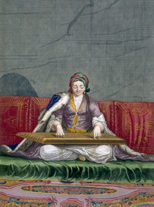 土耳其女孩玩键盘采摘乐器，从代表黎凡特的不同国家的一百个印刷品的集合由杰拉德·斯科林雕刻（1671-1716） 作者 法语学校