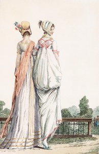 长廊连衣裙的两位女士，1796年99：女;传统服饰;传统服饰;时尚;十八世纪;步行;背部;白色连衣裙;发动机罩;帽子;帽子;公园;花园; 作者 法语学校