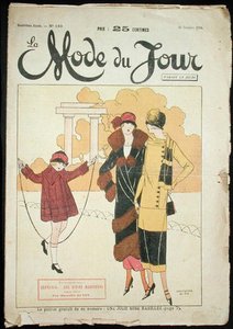 公园里的两个女人和一个小女孩，插图来自《La Mode du Jour》。 作者 法语学校