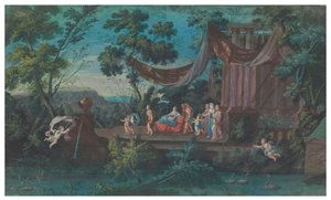 两扇扇子：来自世界四个地方的宏伟的亚马逊流线型旋转木马；和游行队伍在17世纪下半叶由putti陪伴下离开寺庙（纸上水粉画） 作者 法语学校