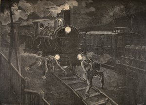 两名男子从Le Petit Journal：Supplement illustre，1898年的火车插图中击中 作者 法语学校