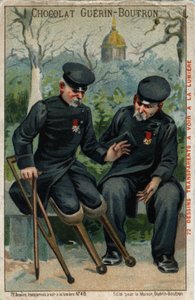 两名战争伤残者：一个屁股和一只企鹅交谈。19世纪的彩色石版画。 作者 法语学校