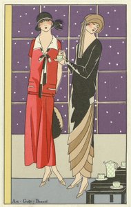 Art-Goût-Beauté酒馆的两名女士喝着茶，穿着Jean Patou和Beer的设计。 1924年 作者 法语学校