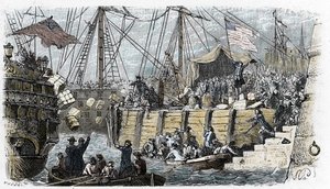 美国独立战争：美国定居者（原籍英国）反抗英国议会对茶叶和其他食品征税。他们伪装成印第安人，在进入殖民地后将茶叶扔入海中。 作者 法语学校