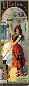朱塞佩·威尔第 (Giuseppe Verdi) 于 1859 年创作的歌剧“Le bal masque”中的 Ulrica。主题中女性名字的字母表：女性服装和歌剧。Liebig 广告彩色版画。 作者 法语学校