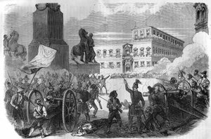 博洛尼亚的起义：推翻了1831年至1846年格雷瓜尔十六世教皇领导的教廷政府。莫里斯-拉夏尔（Maurice Lachatre）著的《历代教皇、皇后和皇帝的历史》中的版画。 作者 法语学校