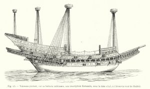 船的下部电池上有佛兰德铭文，日期为 1523 年，位于 Armeria real de Madrid（雕刻） 作者 法语学校