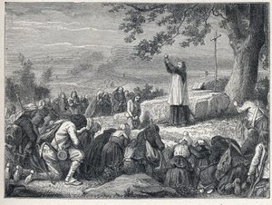 旺地战争（1793-1796）。牧师插入在橡树下为拒绝宣誓的牧师的起义民众庆祝弥撒。1889年的雕版画。私人收藏。 作者 法语学校