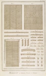 威尼斯百叶窗，镶木地板和格子屏风，来自Diderots Encylcopaedia的Menuisiers et Batiments部分，1765年（在纸上雕刻） 作者 法语学校