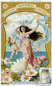 金星说明星期五。 Liebig 彩色印刷广告卡。 作者 法语学校