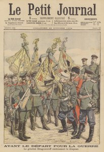 俄罗斯老将军 Mikhail Dragomirov 亲吻即将出征日俄战争的团旗（彩色石版画） 作者 法语学校