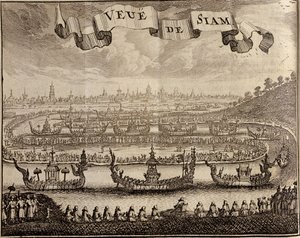 大城府与皇家驳船的视图，来自Voyage du Siam des Peres Jesuites by Guy Tachard，1688 作者 法语学校