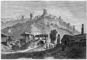 1859年的蒙马特景观，在1860年加入巴黎市之前。从圣丹尼斯平原拍摄的景色。1859年12月24日《世界画报》第141期上的版画。 作者 法语学校