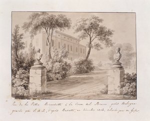 位于博洛尼亚附近的 Croce del Biacco 的 Villa Bianchetti 景观，由 S.A.I. 雕刻。 布萨蒂之后，由 M. Hofer 着色，1814 年 12 月（彩色雕刻） 作者 法语学校