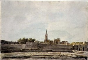 法国南部城镇景观图，约1800年（纸上水彩）。 作者 法语学校