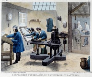 印刷车间的景象：排字员和制字员。比奈托的石版画 作者 法语学校