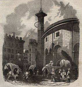 巴黎的halle au ble（建于1763-1769年）和美第奇柱子，19世纪初的雕刻--巴黎的小麦和玉米交易所（建于1763-1769年），19世纪初的雕刻--halle au ble的景观，置于现在的Sois酒店上 作者 法语学校