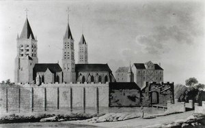 View of the Abbey of Saint-Germain-des-Pres at the start of the 15th century (lithograph) (b/w photo) 作者 法语学校