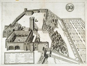 始建于948年的圣皮埃尔-蒙特马约尔（或蒙特马约尔）本笃会修道院景观，法国阿尔勒（雕刻）。 作者 法语学校
