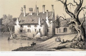 建于 13 和 14 世纪的 Chateau de la Belliere（法国阿莫尔城堡）的景色。 1850 年的版画保存在迪南市图书馆。 作者 法语学校