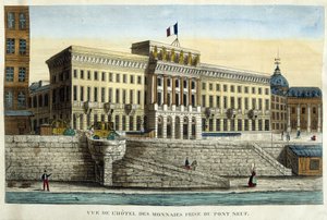 从新桥 (Pont Neuf) 拍摄的蒙宁酒店 (Hotel des Monnins) 的景色 - 雕刻，19 世纪初 作者 法语学校