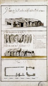 东侧 Roche aux Fées 的景色，Defsu 石头的景色 - 在 Robien 的“”布列塔尼的历史、地形和自然描述”中 作者 法语学校