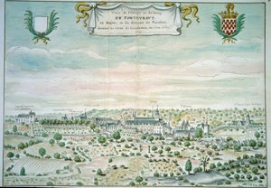 缅因州和卢瓦尔河 Fontevrault (Fontevraud) 修道院的视图来自法国学校的水彩画。 1699 年巴黎，B.N. 作者 法语学校