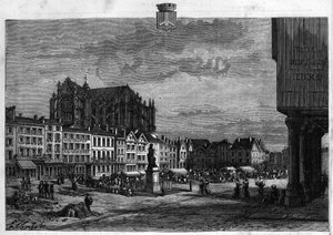 瓦兹河畔的博韦市的景色。1880年的版画，由 "La republique illustrstree "私人收藏。 作者 法语学校