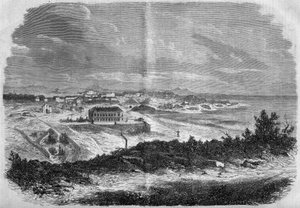 1858年比利牛斯大西洋地区比亚里茨市的景色（64）。1858年9月18日《世界画报》第75期上的版画。 作者 法语学校