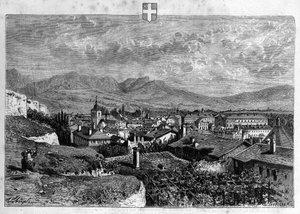 萨瓦省张伯伦市的景色。1880年的版画，由 "La republique illustrstree "私人收藏。 作者 法语学校