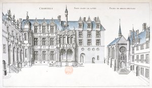Chantilly庭院和教堂的视图（笔，墨水和纸上的卫生间） 作者 法语学校