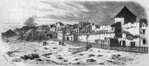 1857年火药桶爆炸后，美因茨（德国）卡斯特里希市区的景色。来自一张照片。1857年12月19日《世界画报》第36期上的版画。 作者 法语学校