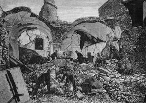 伊斯基亚岛（意大利）在1881年地震中被毁的炼狱教堂废墟的景色。奎斯内尔的雕刻作品，载于1881年4月9日的《图解世界》第1254期。 作者 法语学校