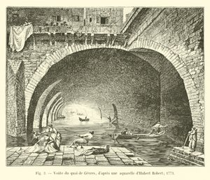 在休伯特·罗伯特的水彩画之后，来自Quai de Gevres的优惠; 1773 作者 法语学校