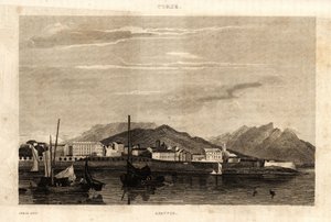 科西嘉岛阿雅克肖的景色，1836年的雕刻作品。 作者 法语学校