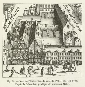 1702年在Petit-Pont一侧观看Hotel-Dieu酒店; dapres Manesson-Mallet的实用几何形状 作者 法语学校