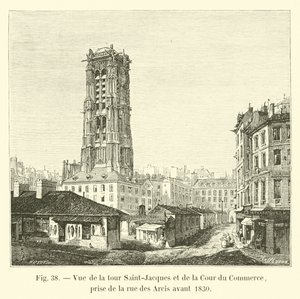 圣雅克塔和Cour du Commerce的视图，取自1830年前的rue des Arcis 作者 法语学校
