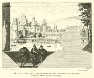 卢浮宫的视图，取自15世纪中叶的Porte de Nesles，来自Palais de Justice的祭坛画 作者 法语学校