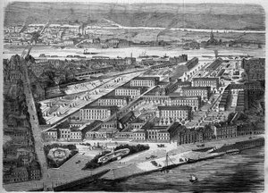 南特的迪厄酒店（Hotel-Dieu）的外景，1863年落成。这家医院在1943年的一次轰炸中几乎被完全摧毁。卢瓦尔河大区（44）。1863年12月5日在《世界画报》第347期上的版画。 作者 法语学校