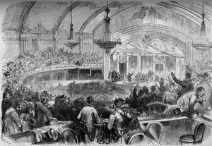 1870年战争--停战期间的立法选举--1871年2月：在巴黎的Cabaret des Folies Bergeres举行选举会议，宣布国民议会的候选人。刊登在187年2月11日《世界画报》第722期的版画 作者 法语学校