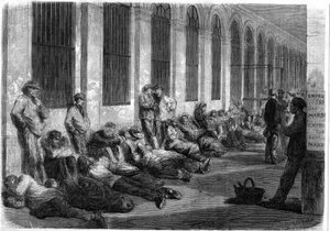 1870年的战争。巴黎人在财政部前排队认购国家贷款以资助战争。描写开窗前一天的场景 作者 法语学校