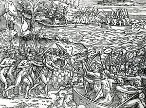 战争场面，巴西，插图来自“法国Antarctique的奇点”，作者：Andre de Thevet，1558年 作者 法语学校