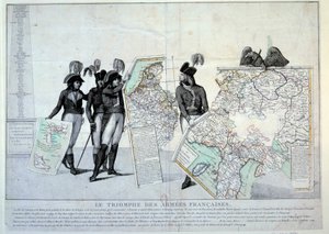 革命战争。拿破仑-波拿巴将军（1769-1821）手持意大利地图（在意大利战役时），完成法国征服的领土拼图。左边的可能是霍赫、皮切格鲁和让-维克多（Jean- 作者 法语学校