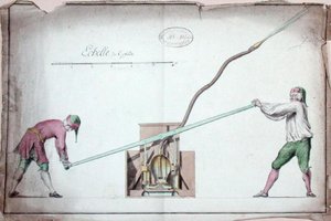 用于灭火的水泵，18世纪中叶（纸上水彩）。 作者 法语学校