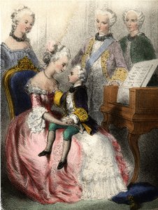 沃尔夫冈-阿玛迪斯-莫扎特（1756-1791）在奥地利印地安人玛丽-泰蕾兹（marie therese）的怀抱中--载于欧也妮-福阿夫人的《杰出的孩子--历史故事》。 作者 法语学校