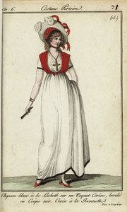 1798年流行的戴利斯贝斯帽的女人（手绘铜版画）。 作者 法语学校