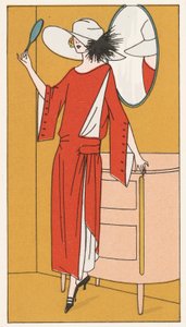 20 世纪 20 年代身着红色绉纱连衣裙、头戴白色帽子的女子（彩色石版画） 作者 法语学校