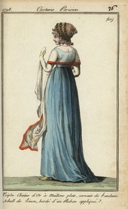 1798年时尚的披肩女子（手绘铜版画）。 作者 法语学校